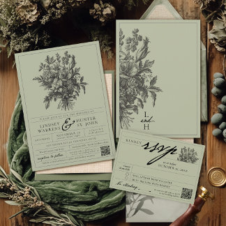 Invitación Elegante Boda Boho Floral Vintage Verde Salvia