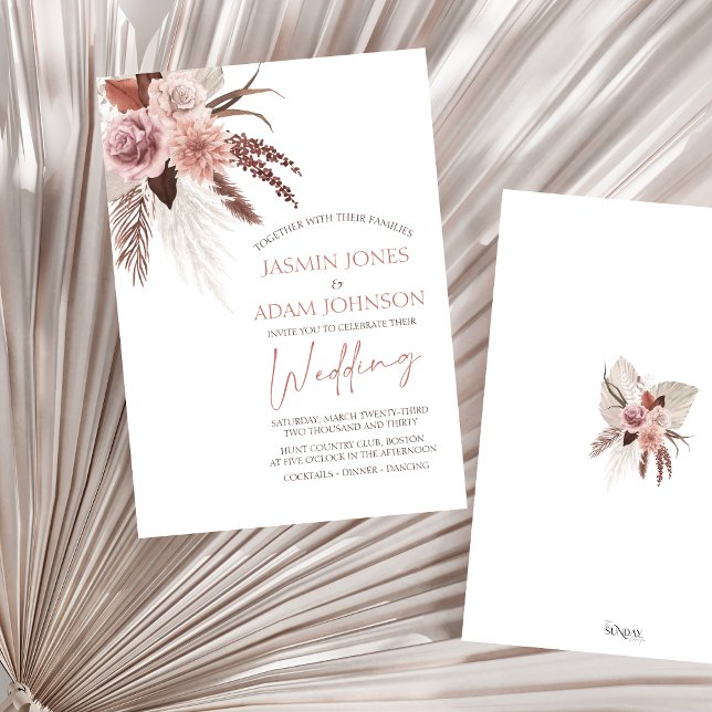 Invitación Elegante Boda Boho Pampas Grass Terracotta (Boho Dusty Pink Dried Flowers Pampas Grass Wedding Invitation)
