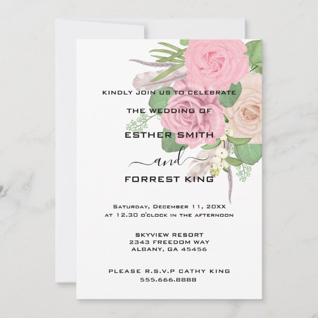 Invitación Elegante Boda Boho Pink White Floral Bouquet (Anverso)