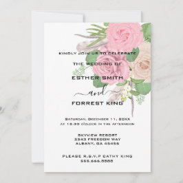 Invitación Elegante Boda Boho Pink White Floral Bouquet
