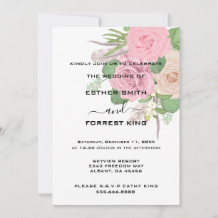 Invitación Elegante Boda Boho Pink White Floral Bouquet