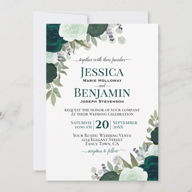 Invitación Elegante Boda Boho Rosas de Esmeralda y Sage Green (Anverso)