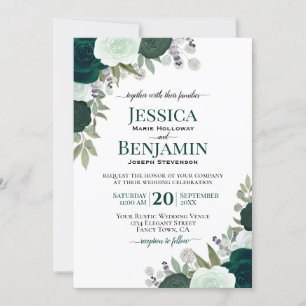 Invitación Elegante Boda Boho Rosas de Esmeralda y Sage Green