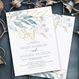 Invitación Elegante Boda Boho Watercolor Azul Floral Gold