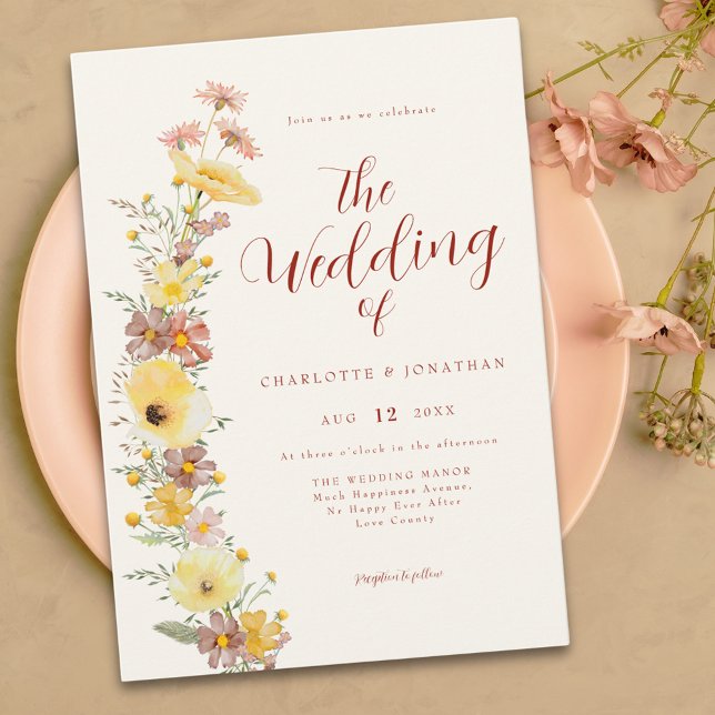 Invitación Elegante Boda Boho Wildflower (Boho chic wildflower yellow burnt orange peach wedding invitation )
