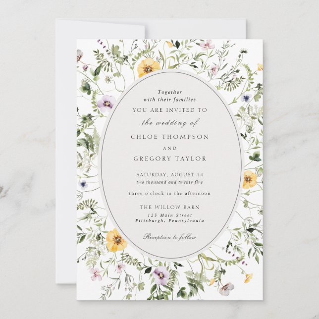 Invitación Elegante Boda Boho Yellow Wildflower Greeneration (Anverso)