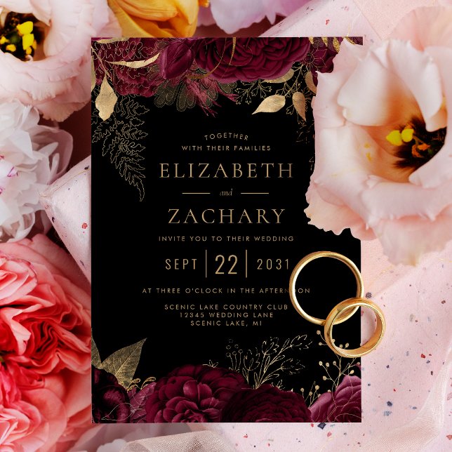 Invitación Elegante Boda Borgoña Dorado Floral Oscuro (Subido por el creador)