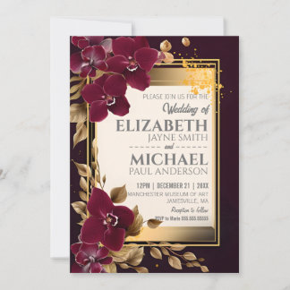 Invitación Elegante Boda Borgoña Orquídea florece hojas de or