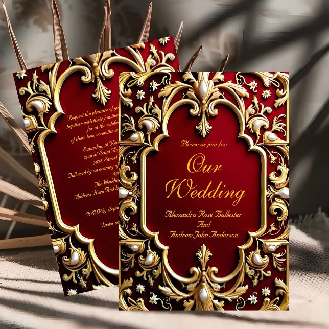 Invitación Elegante Boda Borgoña Perlas Rojas Ornadas (Subido por el creador)