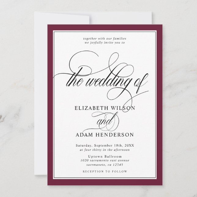 Invitación Elegante Boda Borgoña y Blanco Clásico (Anverso)