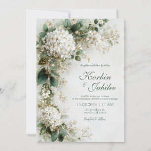 Invitación Elegante boda botánica de Hortensia blanca dorada