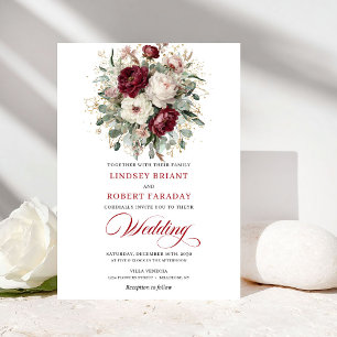 Invitación Elegante Boda Botánica de Oro y Blanco de Borgoña