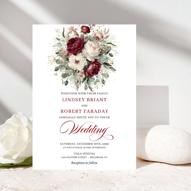 Invitación Elegante Boda Botánica de Oro y Blanco de Borgoña (Elegant Burgundy White Gold Botanical Wedding Invitation)