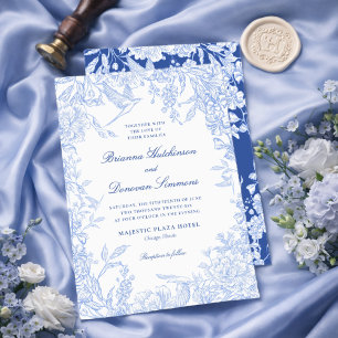 Invitación Elegante Boda Botánica de Pájaros Azul y Blanco