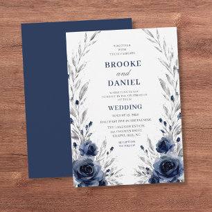 Invitación Elegante Boda Botánica de Rosa Naval y Plata