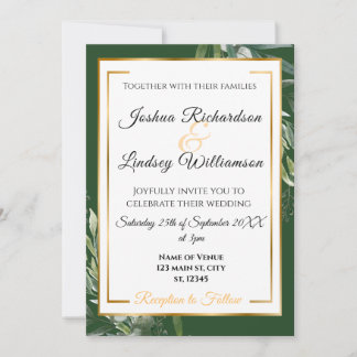 Invitación Elegante Boda Botánica en Oro y Verde