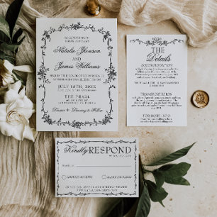 Invitación Elegante Boda Botánica Floral en Blanco y Negro