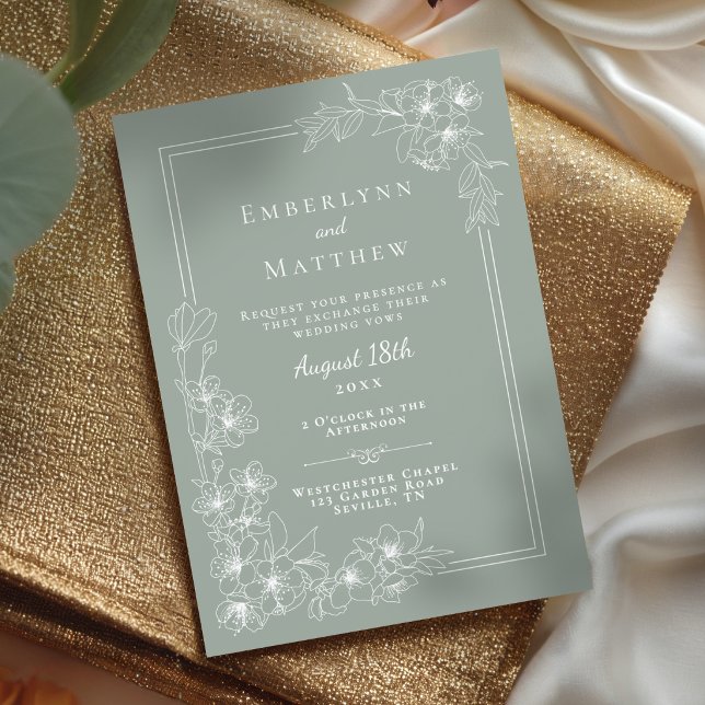 Invitación Elegante Boda Botánica Moderna Verde Salvia (Elegant Modern Botanical Sage Green Wedding Invitation)