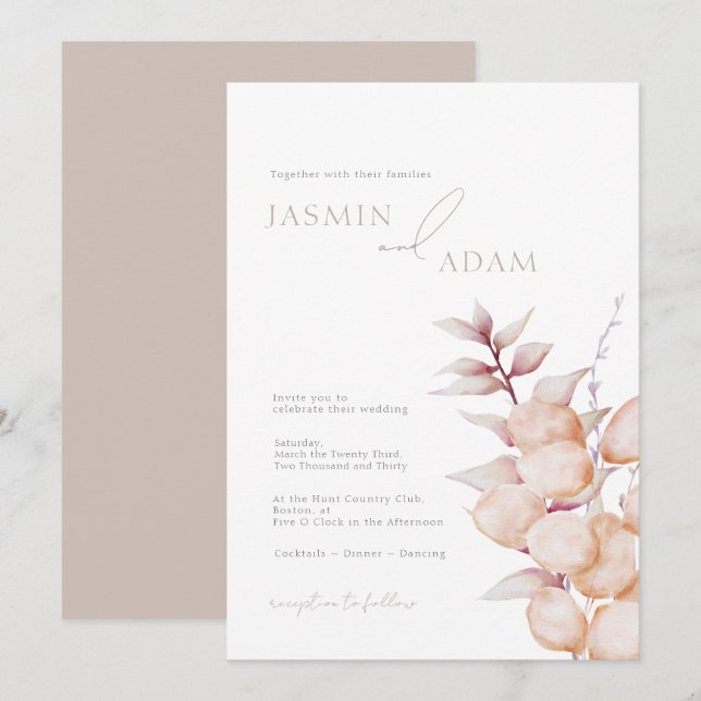 Invitación Elegante Boda Botánica Neutral (Anverso / Reverso)