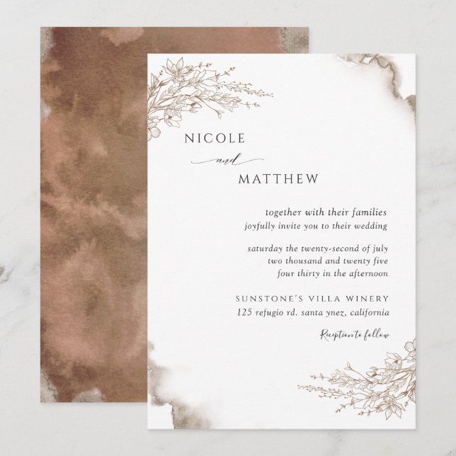 Invitación Elegante Boda Botánico, Acuarela de Tonos Terrestr (Anverso / Reverso)