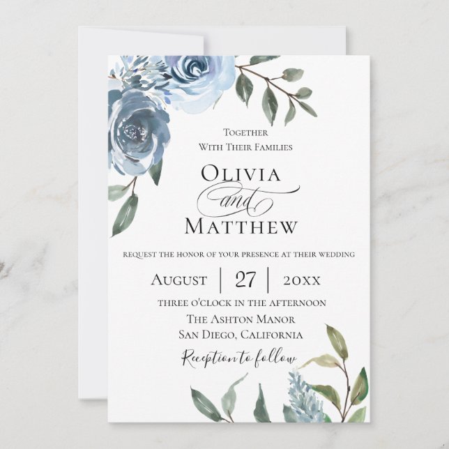 Invitación Elegante Boda Botánico Azul Dusty (Anverso)