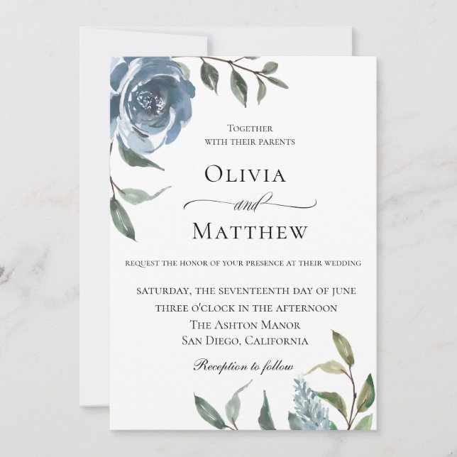Invitación Elegante Boda Botánico Azul Dusty (Anverso)