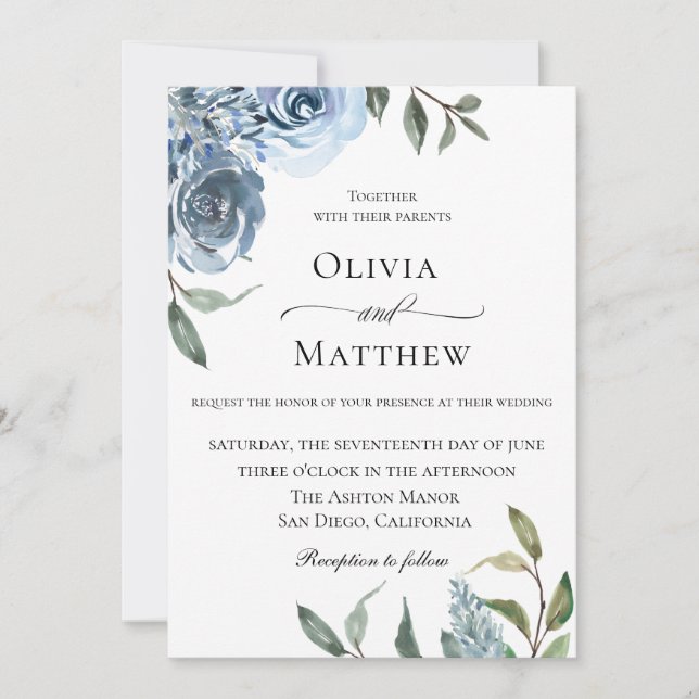 Invitación Elegante Boda Botánico Azul Dusty (Anverso)