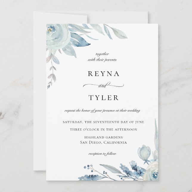 Invitación Elegante Boda Botánico Azul Dusty (Anverso)