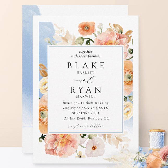 Invitación Elegante Boda Botánico Azul y Peach (Subido por el creador)