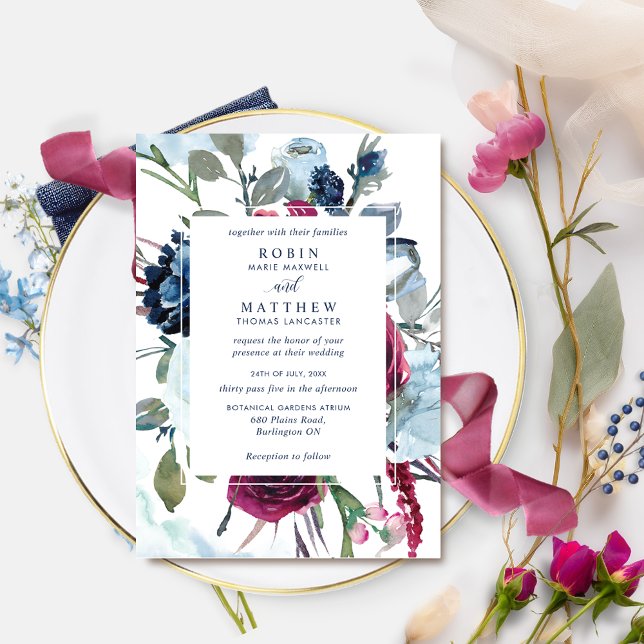 Invitación Elegante Boda Botánico Berry y Floral Azul (Subido por el creador)