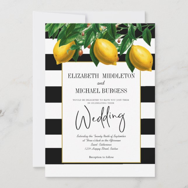 Invitación Elegante Boda Botánico Blanco Lemon Negro (Anverso)