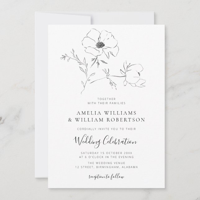 Invitación Elegante boda botánico blanco y negro (Anverso)