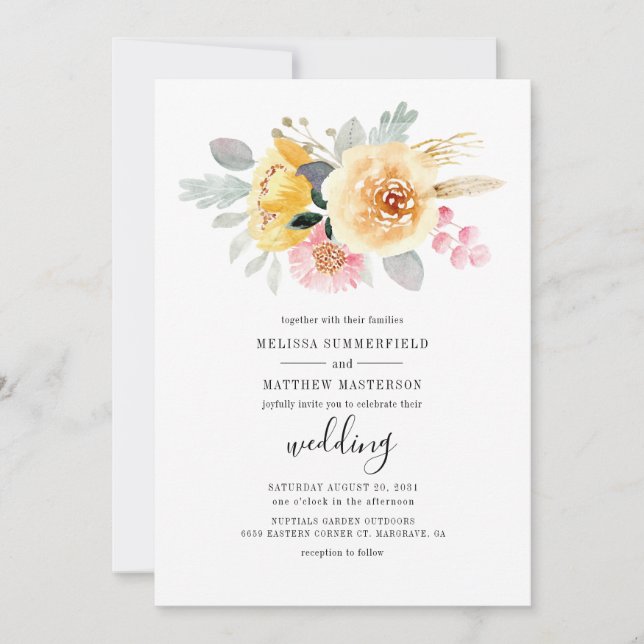 Invitación Elegante Boda botánico de acuarela floral (Anverso)