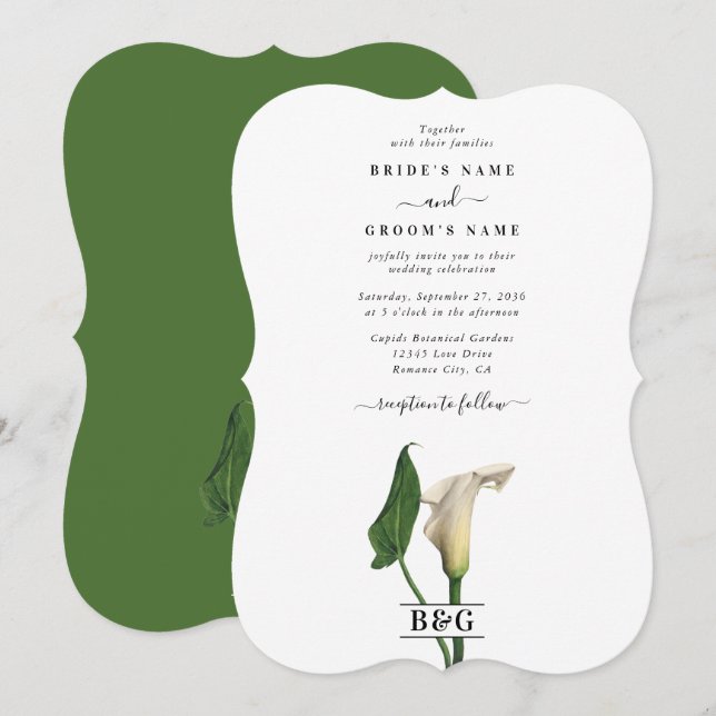 Invitación Elegante Boda botánico de Calla Blanca Lily Green (Anverso / Reverso)