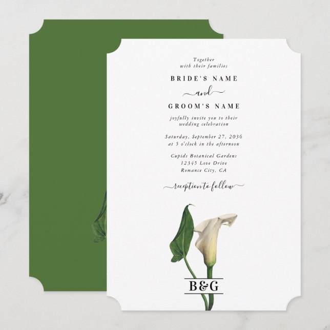 Invitación Elegante Boda botánico de Calla Blanca Lily Green (Anverso / Reverso)