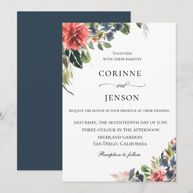 Invitación Elegante Boda botánico de Coral de la Armada (Anverso / Reverso)