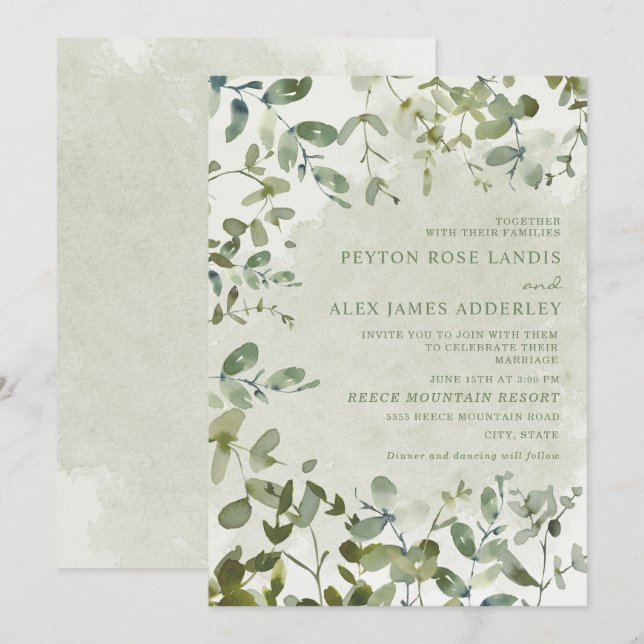 Invitación Elegante Boda Botánico de Eucalipto Verde Sage (Anverso / Reverso)