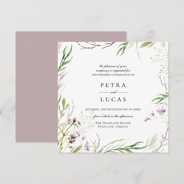 Invitación Elegante Boda Botánico de Flor Silvestre (Anverso / Reverso)