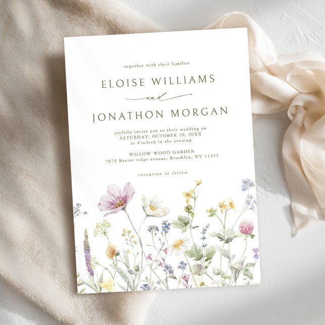 Invitación Elegante Boda Botánico de Flor Silvestre Soft Past (Elegant Soft Pastel Wildflower Botanical Wedding Invitation)