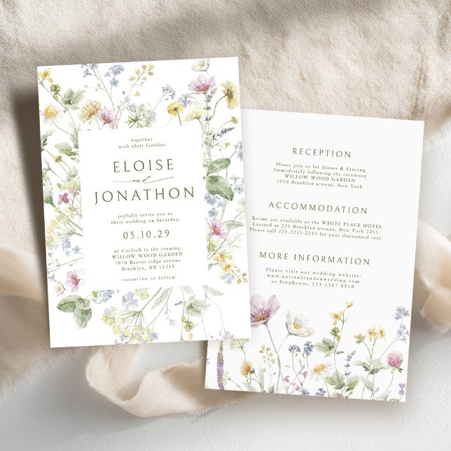 Invitación Elegante Boda Botánico de Flor Silvestre Soft Past (Elegant Soft Pastel Wildflower Botanical Wedding Invitation with details on back)