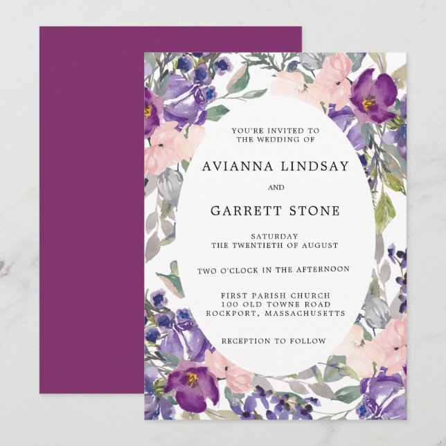 Invitación Elegante Boda Botánico de Floral Púrpura Rosa (Anverso / Reverso)