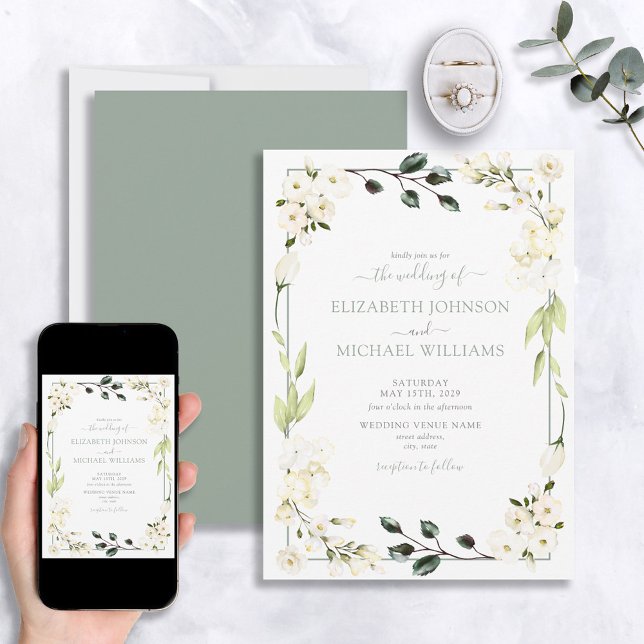 Invitación Elegante Boda Botánico de Floral Verde Sage Blanco (Subido por el creador)