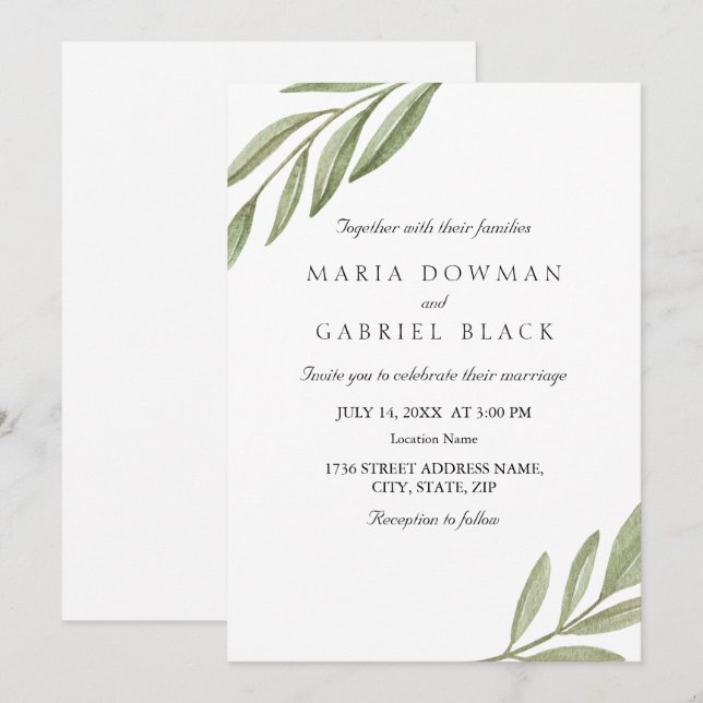 Invitación Elegante boda botánico de hoja minimalista (Anverso / Reverso)