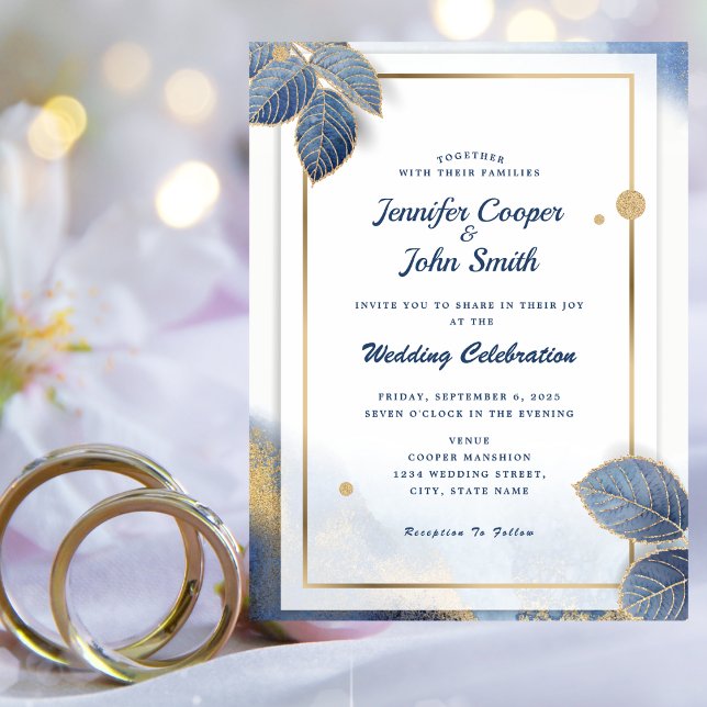 Invitación Elegante Boda botánico de hojas de oro azules (Subido por el creador)