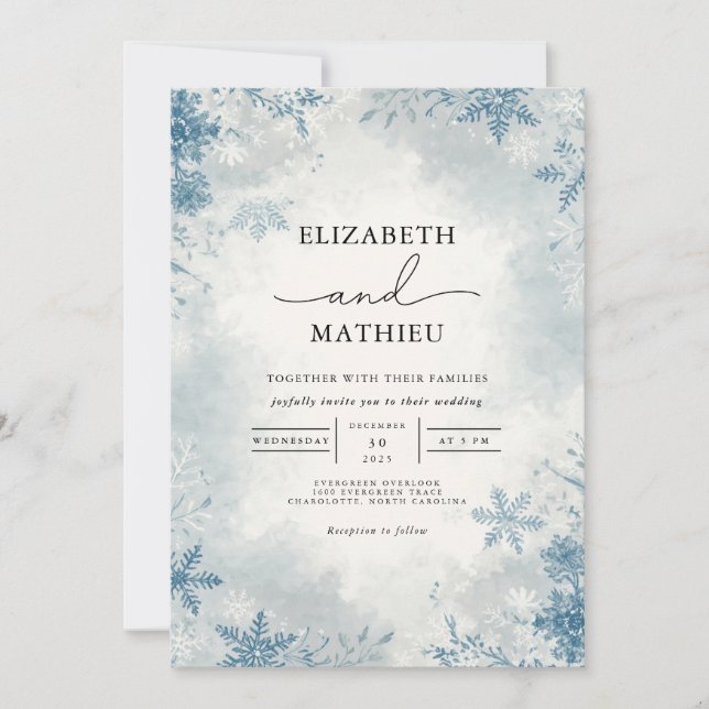 Invitación Elegante Boda Botánico de Invierno Azul Escarcha (Anverso)