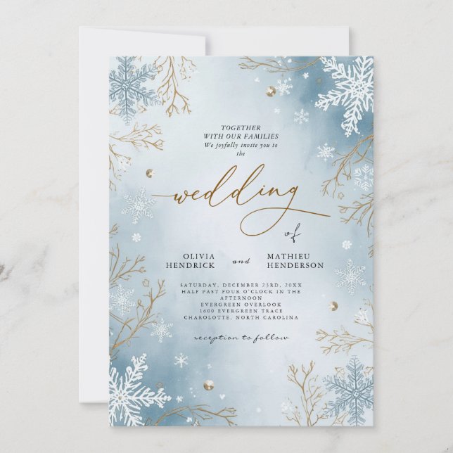 Invitación Elegante Boda Botánico de Invierno Azul Escarcha (Anverso)