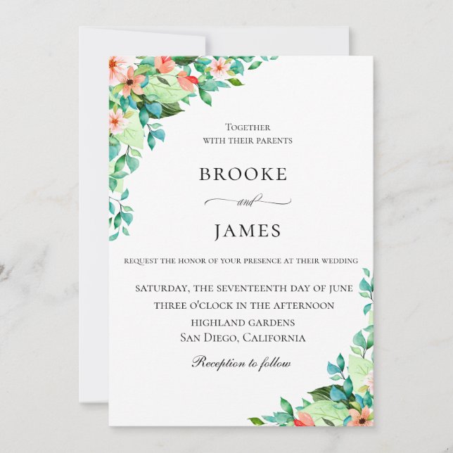 Invitación Elegante Boda Botánico de la Isla Coral (Anverso)