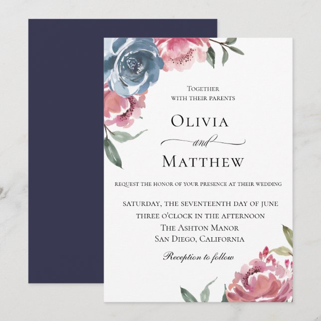 Invitación Elegante Boda botánico de la Marina Azul (Anverso / Reverso)