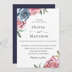 Invitación Elegante Boda botánico de la Marina Azul