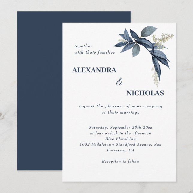 Invitación Elegante Boda botánico de la Marina Azul (Anverso / Reverso)